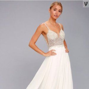 Lulus True Love White Beaded Rhinestone Maxi Dress